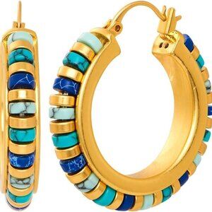 Vintage Turquoise Hoop Earrings Gold Plated Gemstone Bohemian Jewelry